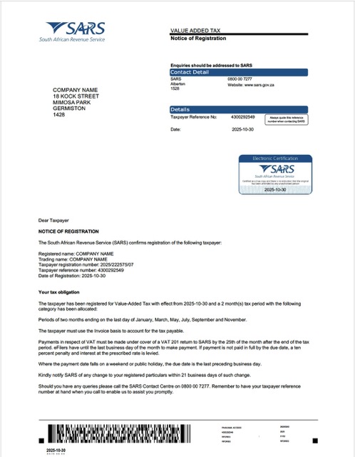 South Africa value added tax certificate Word and PDF template